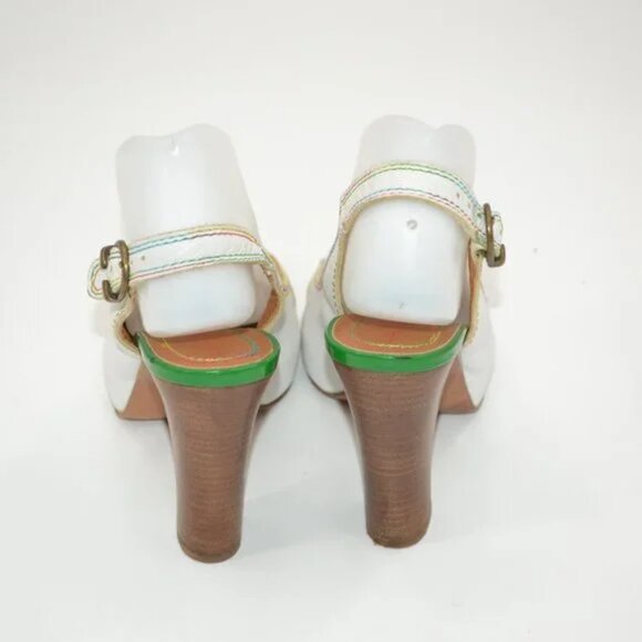Vintage Miss Sixty White Green Chunky Peep Toe Slingback Leather Heels 39 8.5 9 - Picture 8 of 16